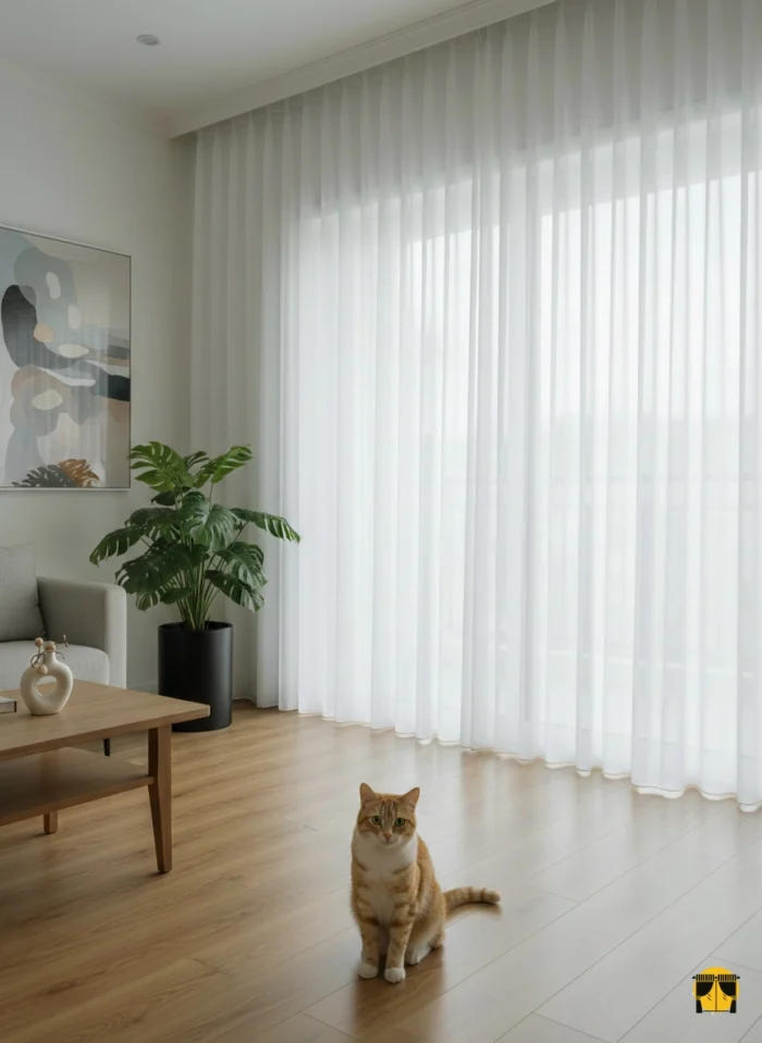 Modern bir yaşam alanında, tavandan yere kadar uzanan, koyu krem tonunda, doğal dokulu, tok dökümlü ve huzurlu bir atmosfer yaratan şık tül perde.