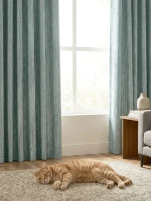 Aydınlık bir iç mekanda, tavandan yere kadar uzanan, kaliteli jakar dokumalı açık mavi fon perde ile modern mobilyaların estetik uyumu.