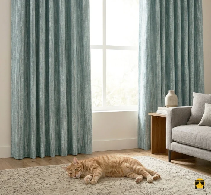 Aydınlık bir iç mekanda, tavandan yere kadar uzanan, kaliteli jakar dokumalı açık mavi fon perde ile modern mobilyaların estetik uyumu.