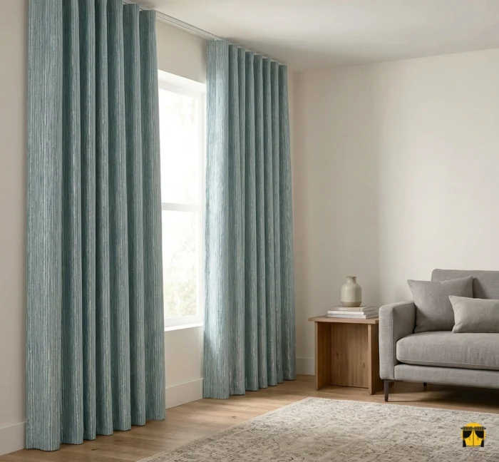 Modern bir salonda, Lante Açık Mavi jakar desenli fon perde ve sade tül ile oluşturulmuş, sofistike ve dokulu bir pencere tasarımı