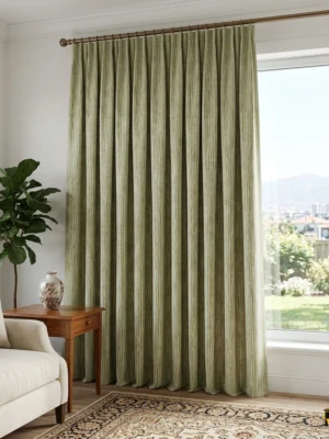 Aydınlık ve doğal ışık alan bir mekanda, tavandan yere kadar uzanan, kaliteli jakar dokumalı açık yeşil fon perde ile ahşap mobilyaların estetik uyumu