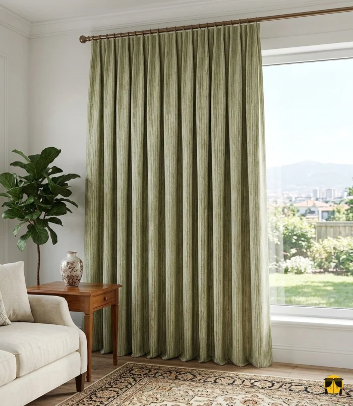 Aydınlık ve doğal ışık alan bir mekanda, tavandan yere kadar uzanan, kaliteli jakar dokumalı açık yeşil fon perde ile ahşap mobilyaların estetik uyumu