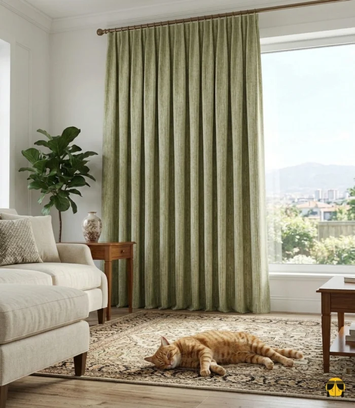 Doğal yeşil jakar desenli fon perde