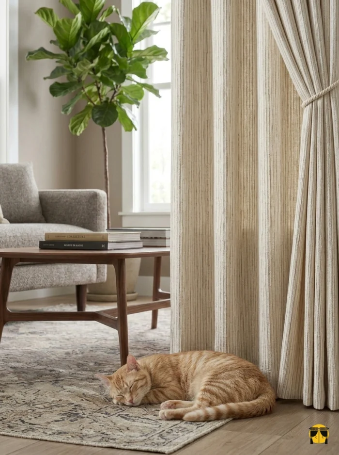 Lüks bir iç mekanda, tavandan yere dökülen tok dokulu bej jakar perde ile ahşap mobilyaların yarattığı asil uyum