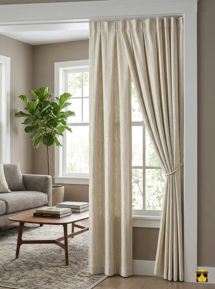 Güneş ışığının altında jakar desenleri belirginleşen Lante Bej fon perde; modern bir salonun en sofistike detayı