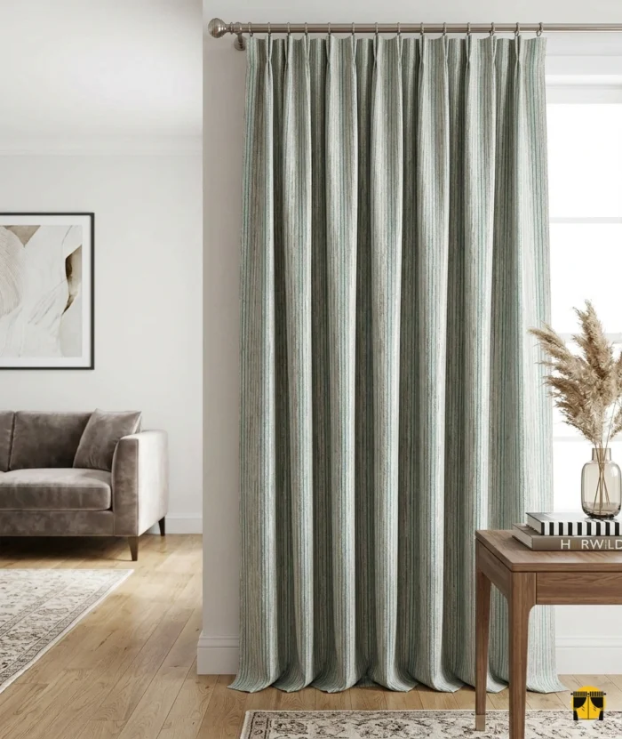 Modern bir oturma odasında, kum beji zeminli ve ince yeşil çizgili Lante jakar fon perde; doğal ve ferah pencere tasarımı