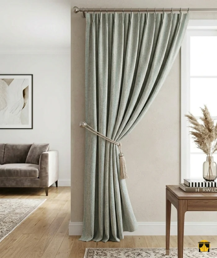 Aydınlık ve minimalist bir salonda, kaliteli jakar dokumalı yeşil çizgili fon perde ve ahşap dekorasyonun estetik uyumu