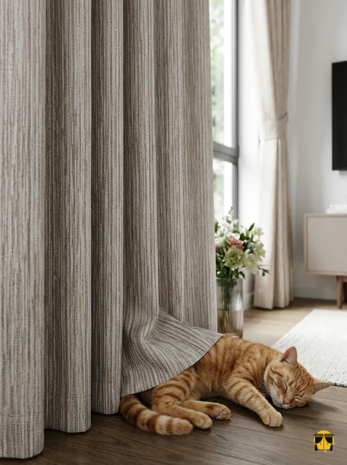 Aydınlık ve ferah bir iç mekanda, tavandan yere kadar uzanan, kaliteli jakar dokumalı koyu bej fon perde ve zarif tül kombinasyonu.