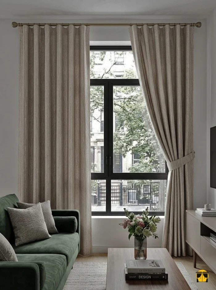 Modern bir oturma odasında, tok dökümlü Lante kum koyu bej jakar fon perde ile oluşturulmuş, sofistike ve derinlikli pencere tasarımı