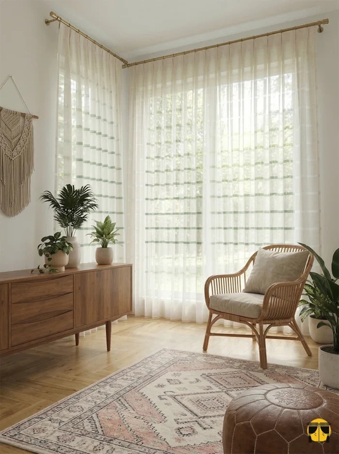 Modern bir salonda, dikine şeritli deseniyle tavanı daha yüksek gösteren ve odaya derinlik katan ekru keten tül perdenin tavandan yere dökümü