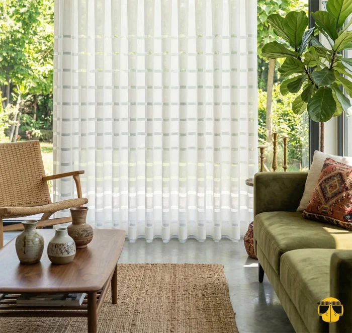 Line Şeritli Krem Keten Tül Perde