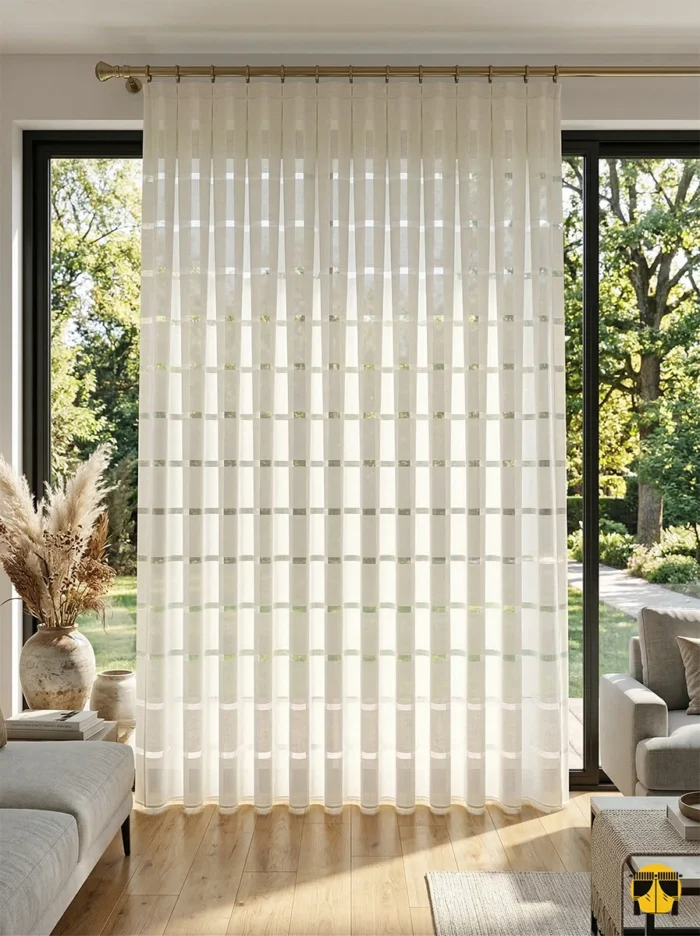 Line Şeritli Krem Keten Tül Perde