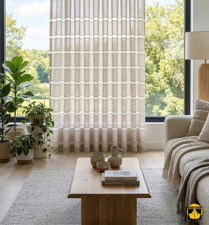 "Ahşap detaylar ve rüstik aksesuarlarla kusursuz bir uyum yakalayan, pencerelere derinlik katan belirgin lifli sütlü kahve tül perde."