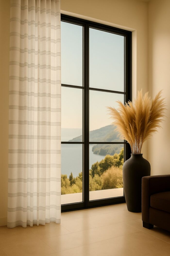 Şerit desenli koyu krem keten tül modelleri