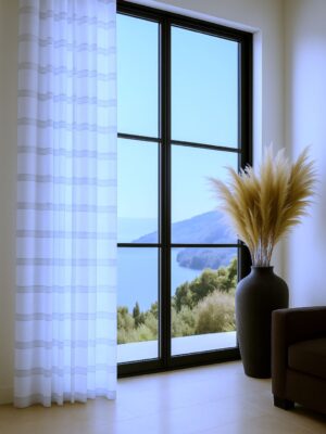 şerit desenli keten tül perde, ekru rengi