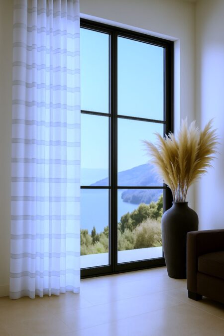 şerit desenli keten tül perde, ekru rengi