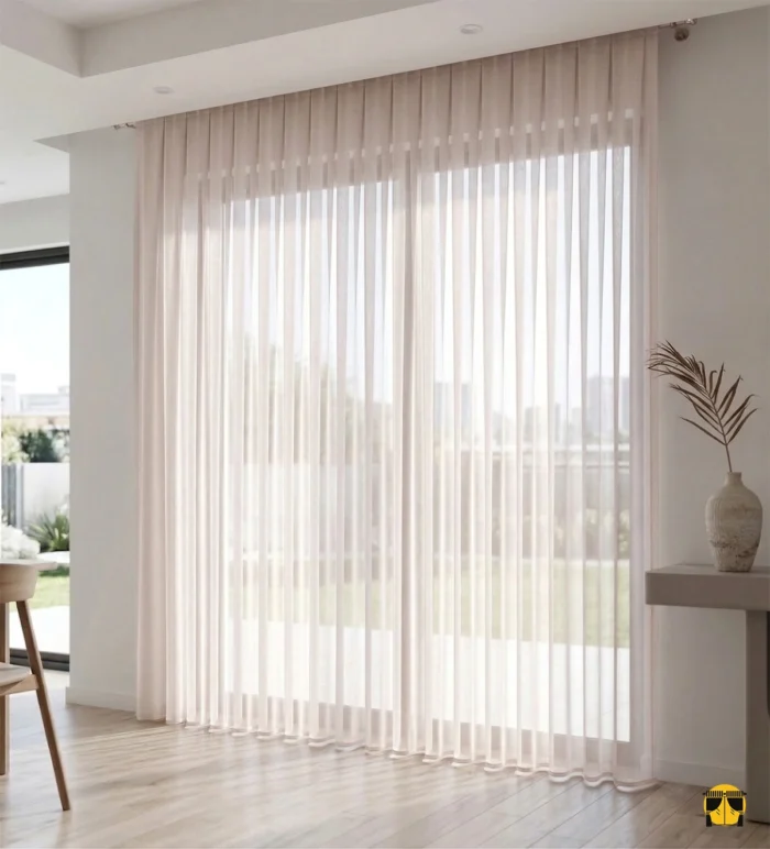 Seta açık pudra ipeksi tül perdenin mikro dokusu arasından süzülen güneş ışığının, odada yarattığı romantik, yumuşak ve ipeksi pembe aydınlık.