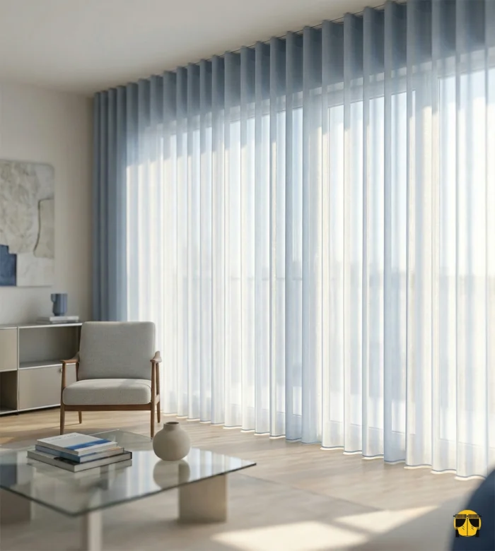 Seta çelik mavi ipeksi tül perdenin mikro dokusu arasından süzülen güneş ışığının, oda içerisinde yarattığı metalik, soğuk ve huzurlu aydınlık