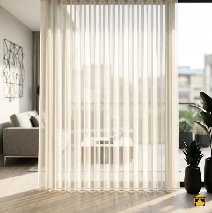 Ağır dökümü sayesinde rüzgarla zarifçe süzülen, ütü gerektirmeyen ve modern bir zarafet sunan kaliteli ekru krem tül perde detayı."