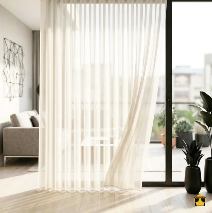 Ekru duvarlar önünde ton-sür-ton bir zarafet oluşturan, sık pileleri sayesinde sütun gibi muntazam inen dökümlü Seta ipek tül perde sergisi