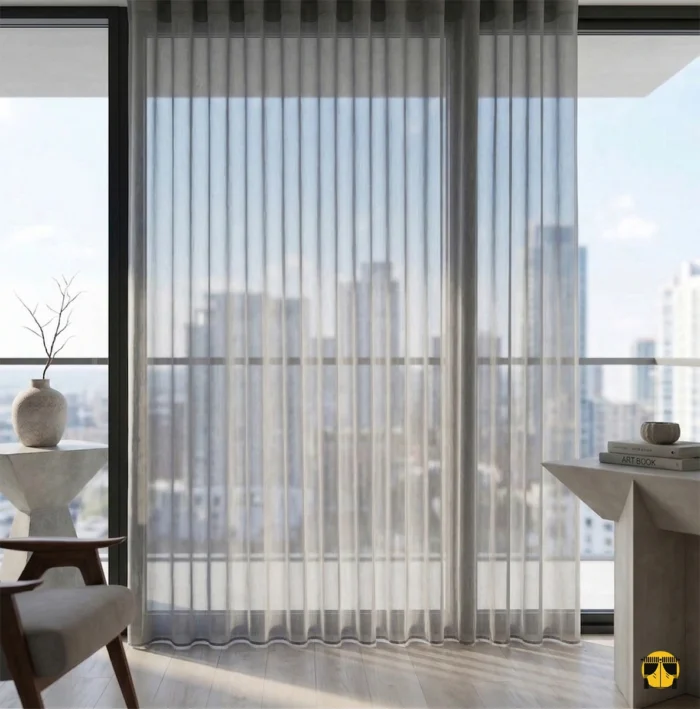 Seta gri ipeksi tül perdenin mikro dokusu arasından süzülen güneş ışığının, kumaş yüzeyinde yarattığı gümüşümsü ve sofistike yansımalar.