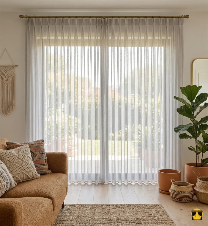 Modern bir salonda, antrasit fon perdelerle kombinlenmiş, pencerelere derinlik ve ipeksi bir asalet katan taş gri tül perde tasarımı