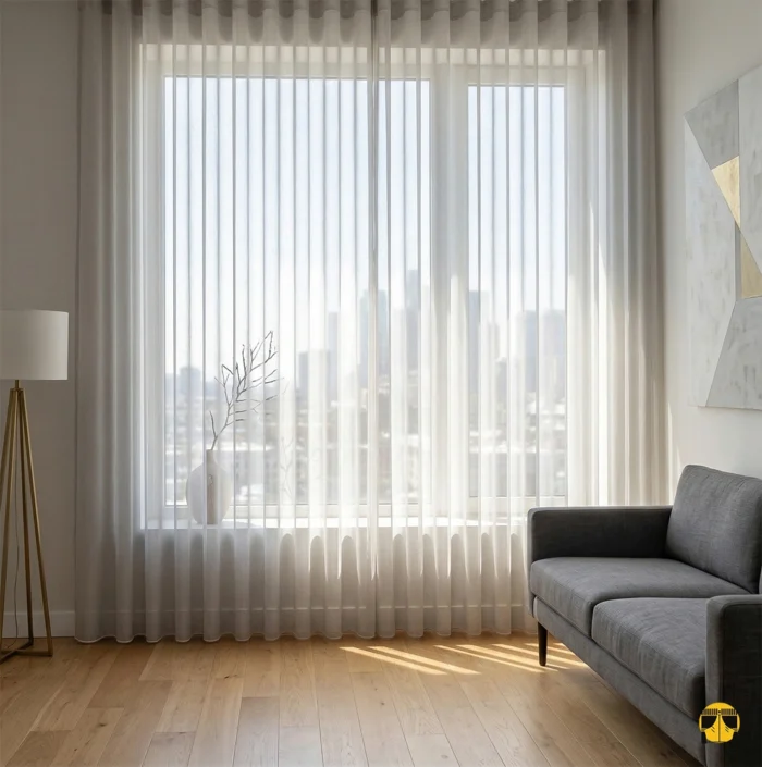 Seta taş gri ipeksi tül perdenin mikro dokusu arasından süzülen güneş ışığının, kumaş yüzeyinde yarattığı gümüşümsü ve sofistike yansımalar