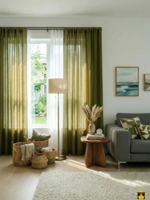 Doğal zeytin yeşili tonunda, kalın ve lifli dokusuyla pencerelere sofistike bir derinlik katan Delito serisi ağır dökümlü fon perde