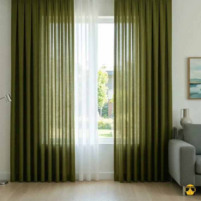 Yeşil renkli ince keten fon perde