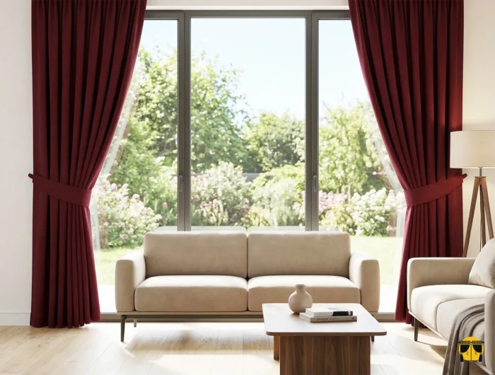 Yüksek tavanlı klasik bir salonda, beyaz duvarlar önünde asil bir çerçeve oluşturan ve sütun gibi muntazam inen bordo kırmızı fon perde tasarımı