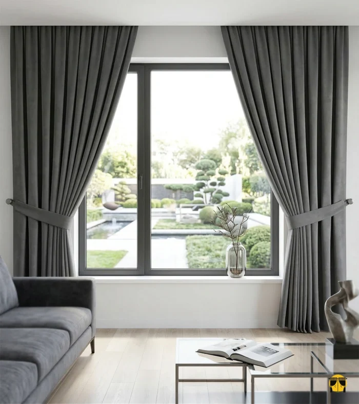 Galdo gri fon perdenin mikro dokumalı yüzeyini ve kaliteli lif yapısını gösteren yakın plan çekimi; ışığı emen mat ve sofistike kumaş dokusu