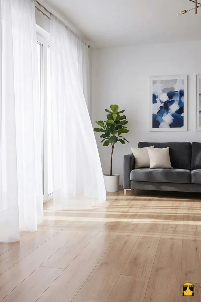 Ağır dökümü sayesinde rüzgarla zarifçe süzülen, ütü gerektirmeyen ve modern bir zarafet sunan kaliteli ekru Koza tül perde detayı