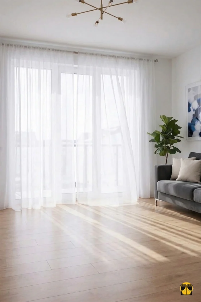 Krem tonlarındaki duvarlar üzerinde ton-sür-ton bir zarafet oluşturan, sık pileleri sayesinde sütun gibi muntazam inen dökümlü ipeksi tül perde sergisi.