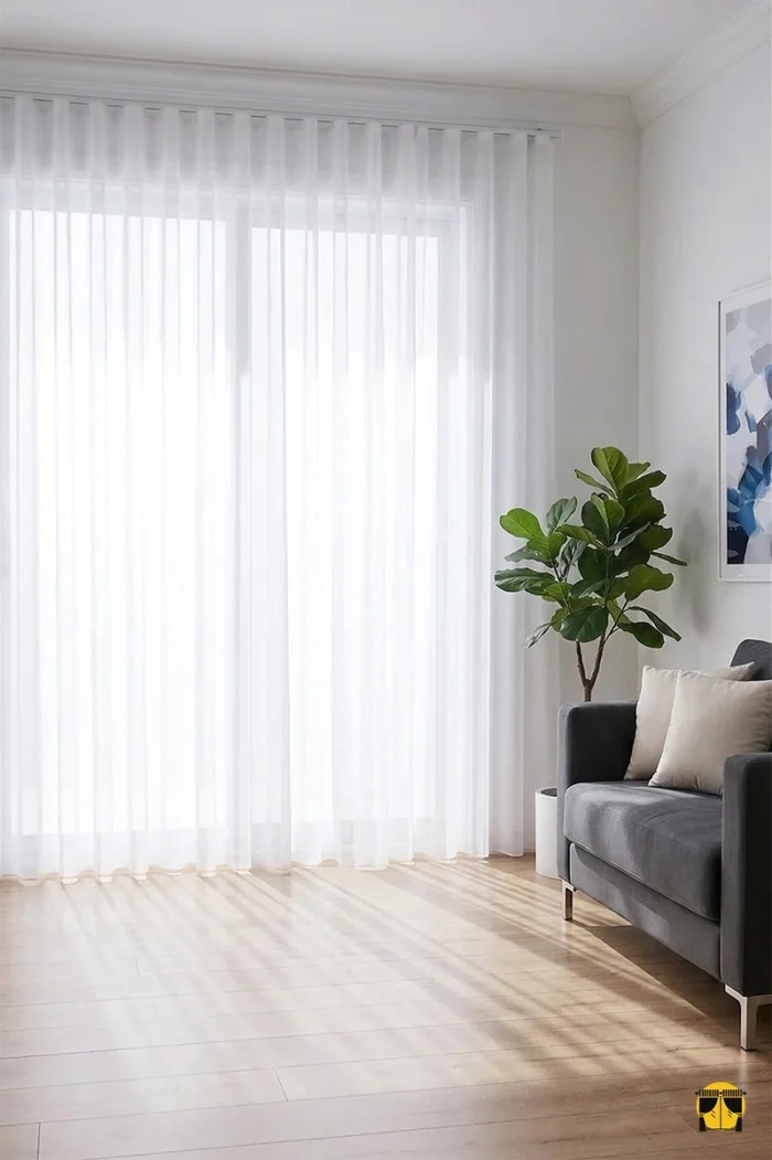 Modern bir salonda, antrasit fon perdelerin altında bir mücevher gibi parlayan ekru beyaz ipeksi tül perde tasarımı