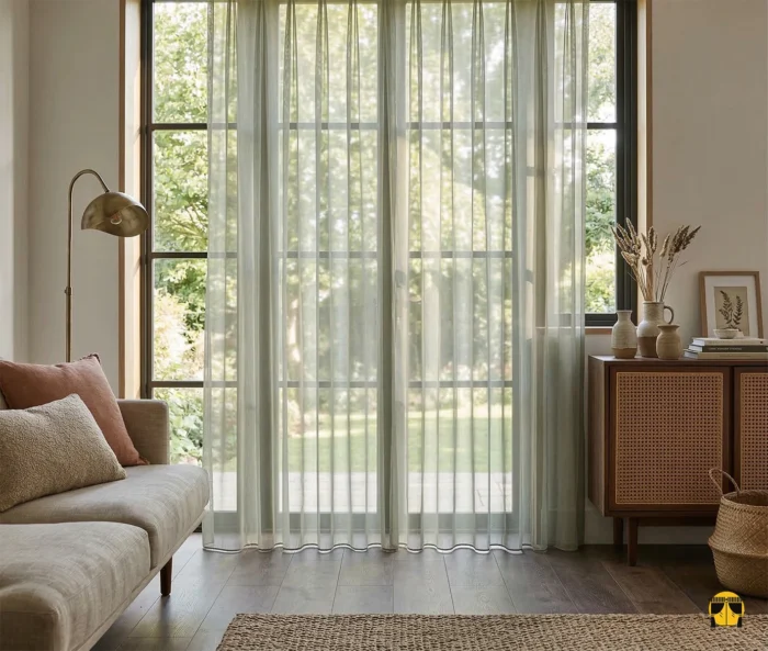 Koyu ahşap mobilyalar ve siyah detaylarla kusursuz bir uyum yakalayan, pencerelere asil bir derinlik katan mat haki yeşil tül