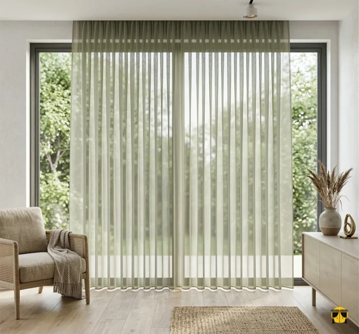 Modern bir salonda, gün ışığını haki bir orman esintisiyle yumuşatarak içeri süzerek huzurlu bir atmosfer yaratan Pella düz tül perde