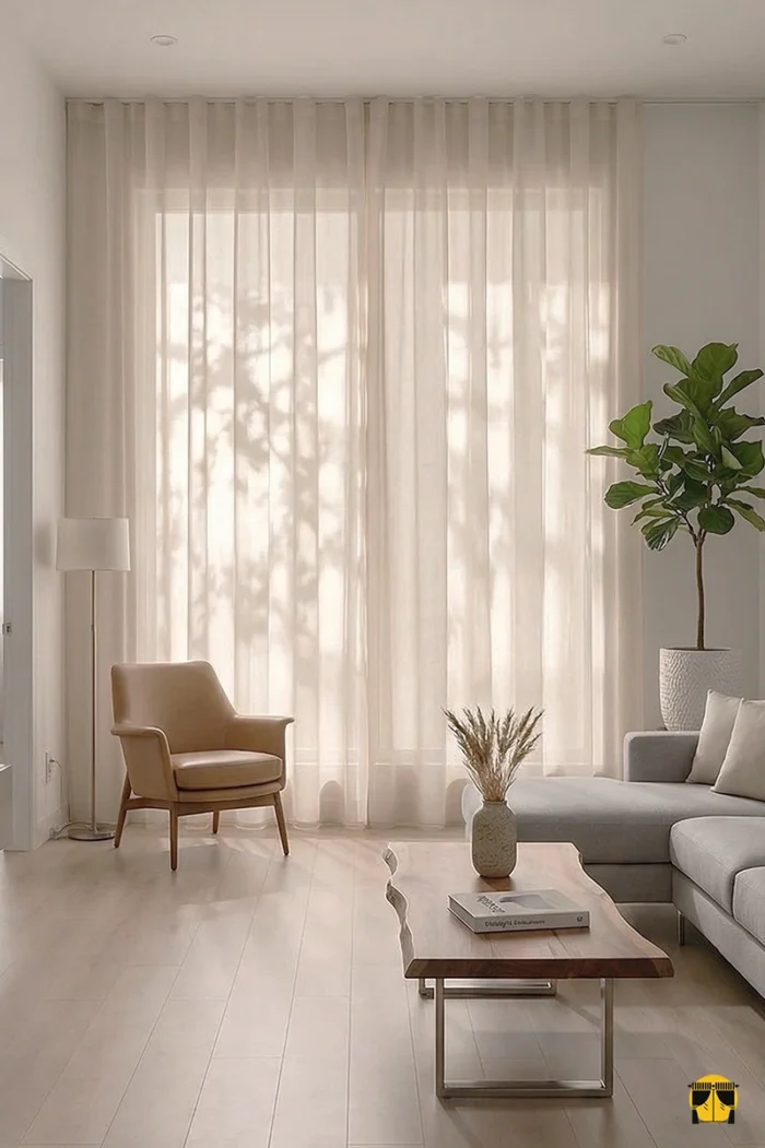 Gri fon perdeler ve rose gold aksesuarlarla dekore edilmiş modern bir yatak odasında, pencerelere huzur katan düz pudra tül perde tasarımı