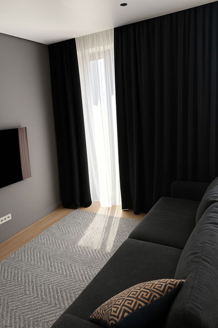 Modern ve minimal dekorasyonların vazgeçilmezi olan, pürüzsüz dokulu ve dökümlü siyah fon perde modeli.