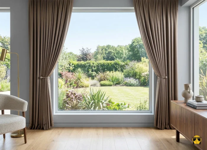 Gold aksesuarlar ve krem rengi mobilyalarla dekore edilmiş lüks bir salonda, pencerelere asalet katan parlak sütlü kahve saten perde tasarımı