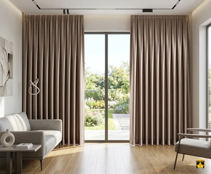 Sütlü kahve parlak saten kumaşın ipeksi yüzeyinden süzülen gün ışığının, odada yarattığı sıcak, karamel tonlarındaki yumuşak parıltı ve gölge oyunları