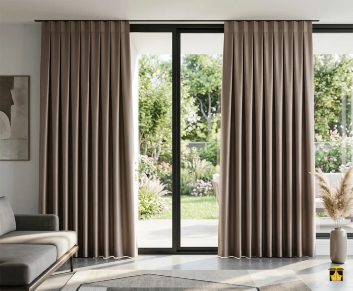 Pürüzsüz dokusu ve şampanya ışıltısıyla dikkat çeken sütlü kahve saten fon perdenin yakın plan çekimi; kumaşın su gibi akan ağır ve kaliteli dökümü."