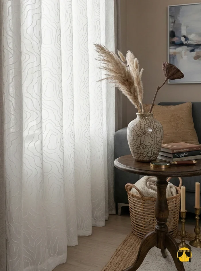 ışığın etkisiyle traverten taşının damarlarını anımsatan, üç boyutlu kabartma desenlere sahip ağır dökümlü krem fon perde detayı.