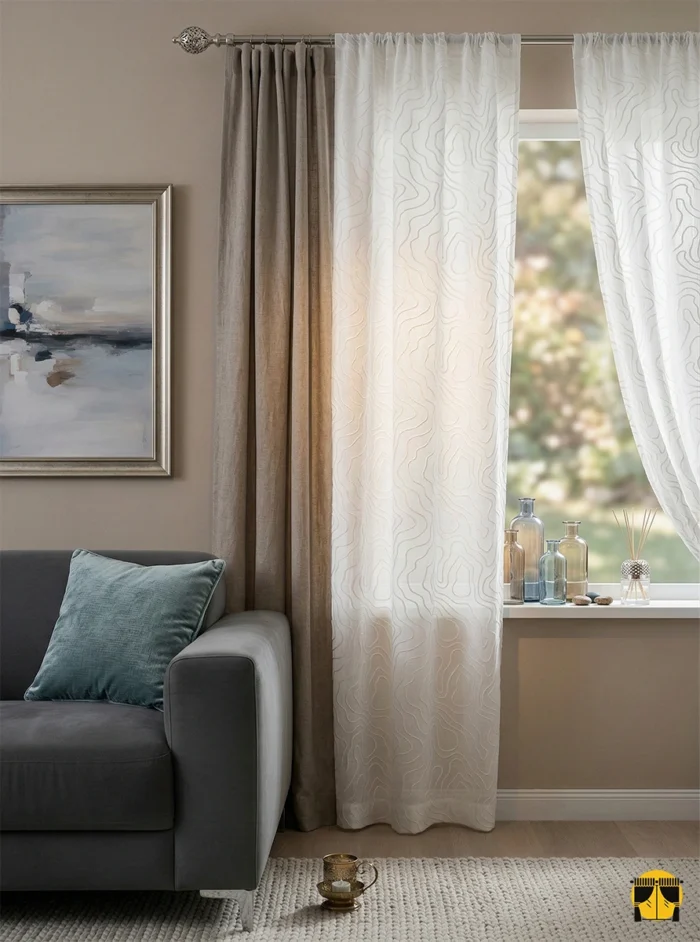 Modern ve lüks bir salonda, mermer detaylı mobilyalarla bütünleşen, pencerelere mimari bir derinlik katan traverten desenli krem perde."