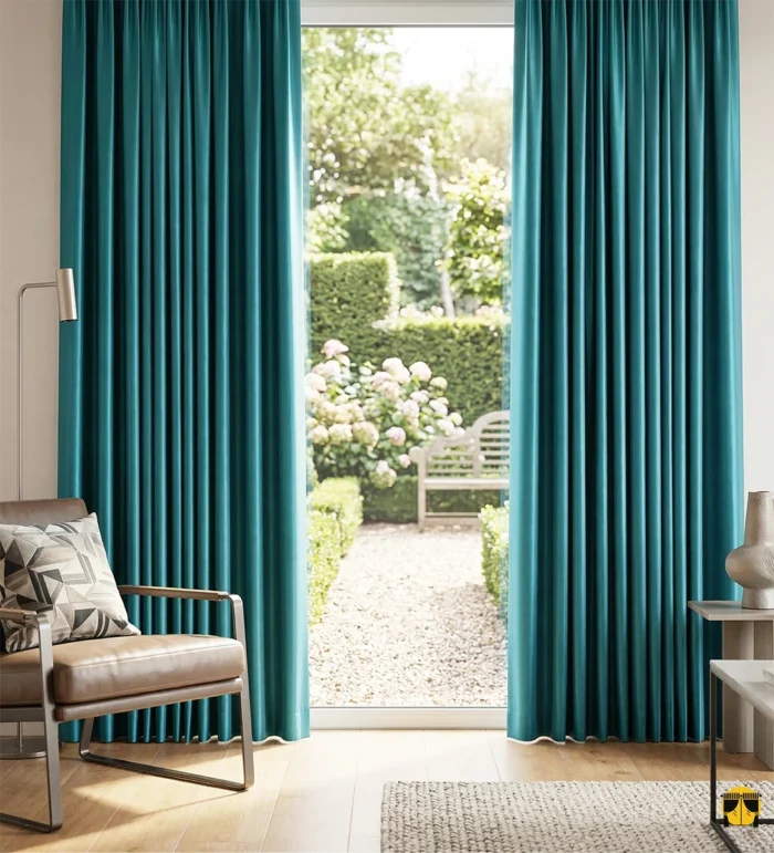 Ağır dökümü sayesinde rüzgarla birlikte zarifçe süzülen, ütü sonrası pürüzsüzlüğüyle ayna etkisi yaratan kaliteli turkuaz mavi saten perde detayı