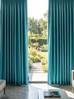 Bembeyaz ince tüller üzerinde bir mücevher gibi parlayan, pile formunu asaletle koruyan ve mekana dinamizm katan parlak turkuaz fon perde sergisi