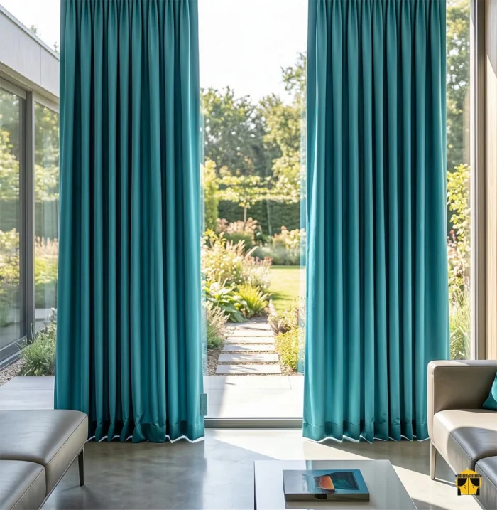 Bembeyaz ince tüller üzerinde bir mücevher gibi parlayan, pile formunu asaletle koruyan ve mekana dinamizm katan parlak turkuaz fon perde sergisi