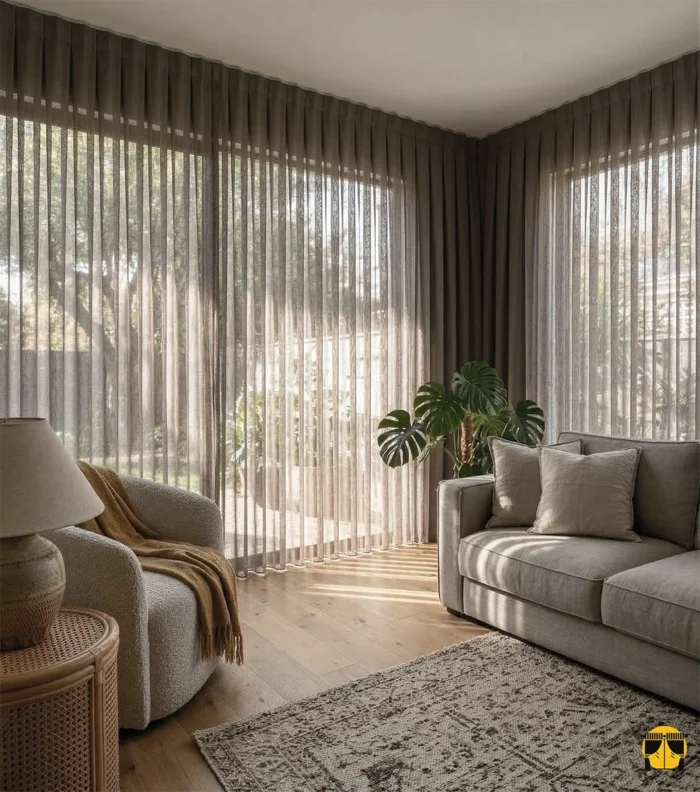 Kahverengi keten tül perde