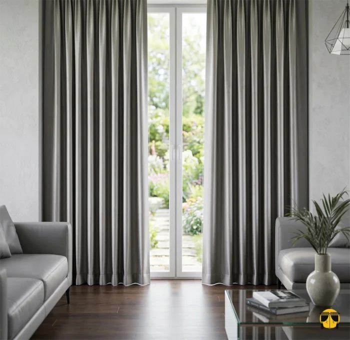 Bembeyaz ince tüller üzerinde asil bir çerçeve oluşturan, pile formunu bir heykel zarafetinde koruyan dökümlü gümüş-gri saten perde sergisi