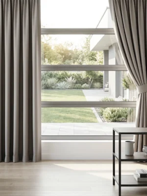 Siyah metal detaylar ve beyaz mobilyalarla dekore edilmiş minimalist bir salonda, pencerelere elit bir ışıltı katan açık gri saten fon perde tasarımı