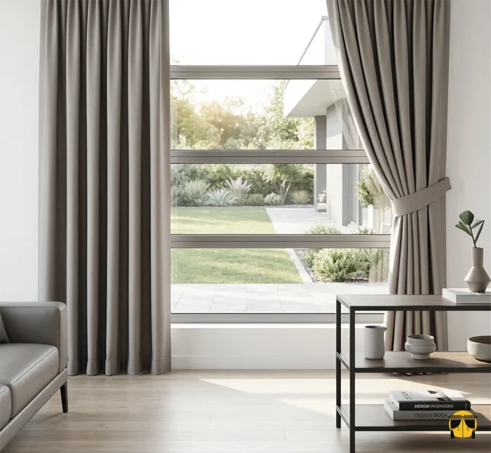 Siyah metal detaylar ve beyaz mobilyalarla dekore edilmiş minimalist bir salonda, pencerelere elit bir ışıltı katan açık gri saten fon perde tasarımı